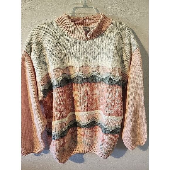 Vintage Maggie Lawrence Sweater 80s 90s Pink Knit Flower Sweater Large - Picture 2 of 5